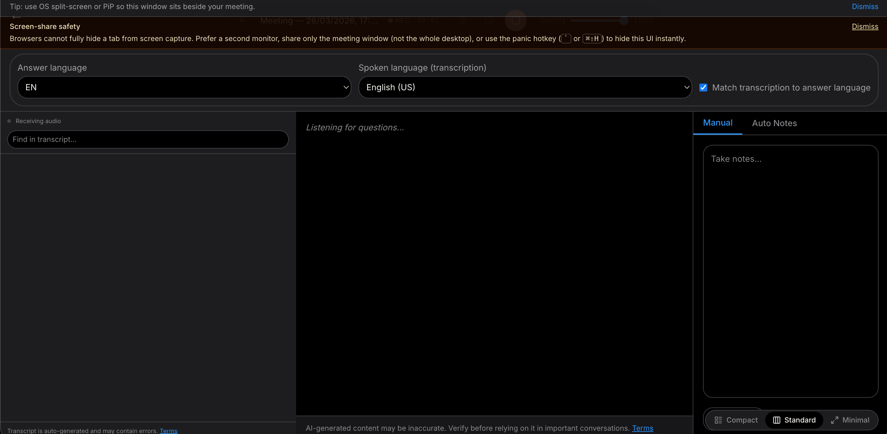 IntoMeeting dashboard showing real-time meeting assistance with AI-powered answers